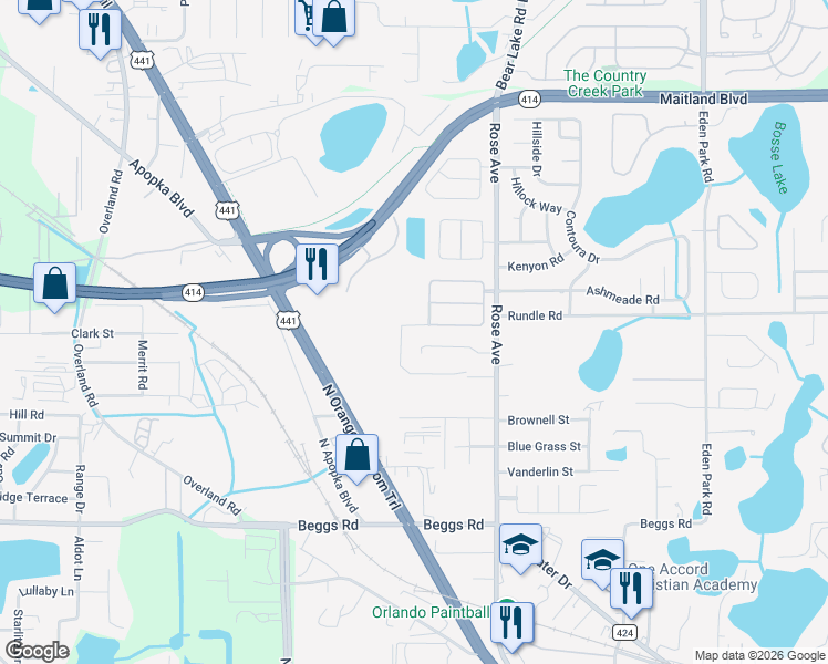 map of restaurants, bars, coffee shops, grocery stores, and more near 8357 Baywood Vista Drive in Orlando