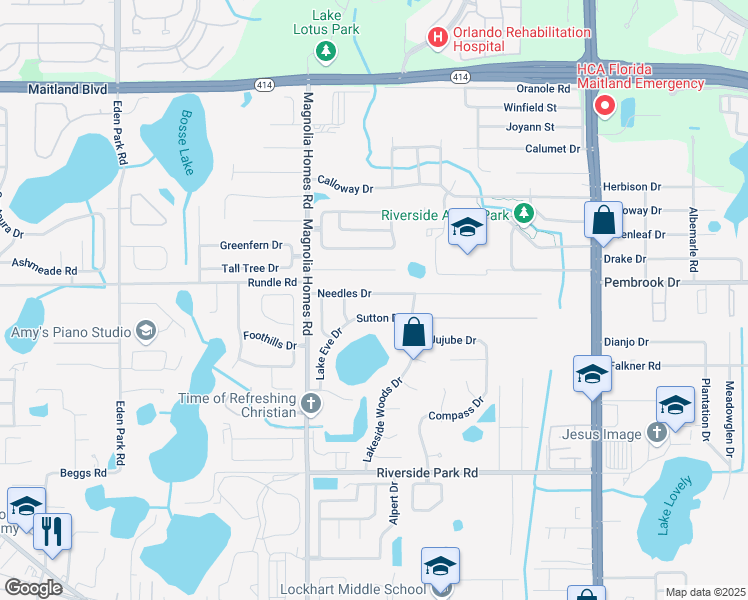 map of restaurants, bars, coffee shops, grocery stores, and more near 3702 Needles Drive in Orlando