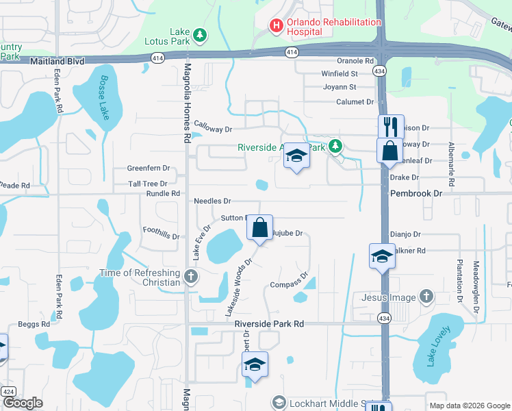 map of restaurants, bars, coffee shops, grocery stores, and more near 8308 Cameo Way in Orlando