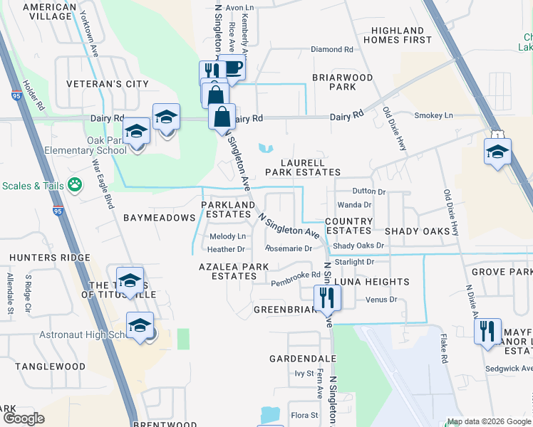 map of restaurants, bars, coffee shops, grocery stores, and more near 1200 North Singleton Avenue in Titusville