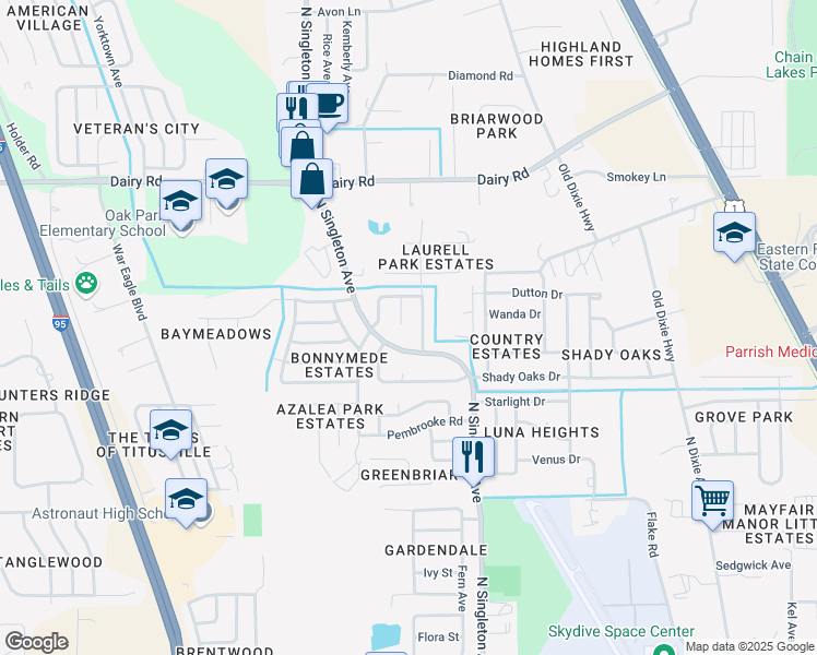 map of restaurants, bars, coffee shops, grocery stores, and more near 1205 Edward Court in Titusville