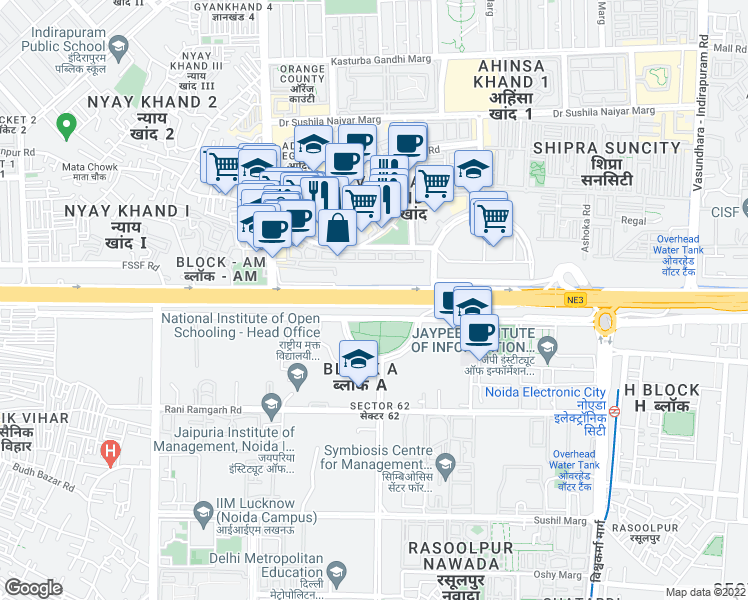 map of restaurants, bars, coffee shops, grocery stores, and more near National Highway 24 in Noida