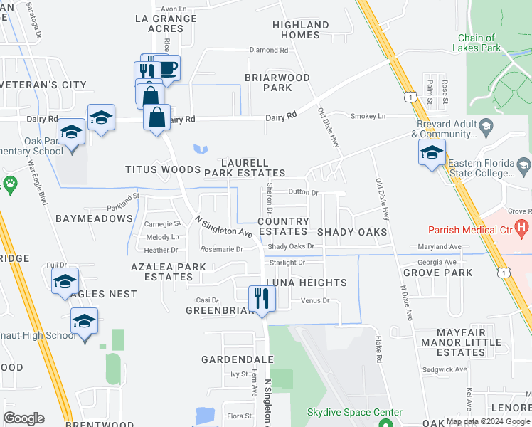 map of restaurants, bars, coffee shops, grocery stores, and more near 1180 Sharon Drive in Titusville