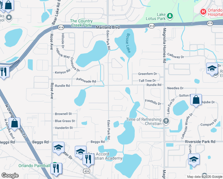 map of restaurants, bars, coffee shops, grocery stores, and more near 4529 Rossmore Drive in Orlando