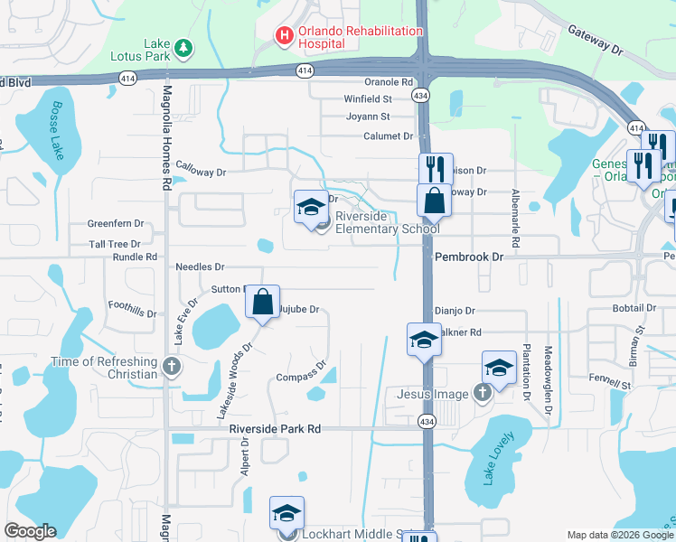 map of restaurants, bars, coffee shops, grocery stores, and more near 3214 Needles Drive in Orlando
