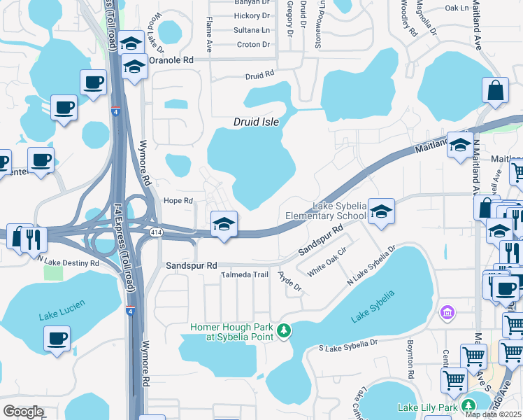map of restaurants, bars, coffee shops, grocery stores, and more near 1301 Florida 414 in Maitland