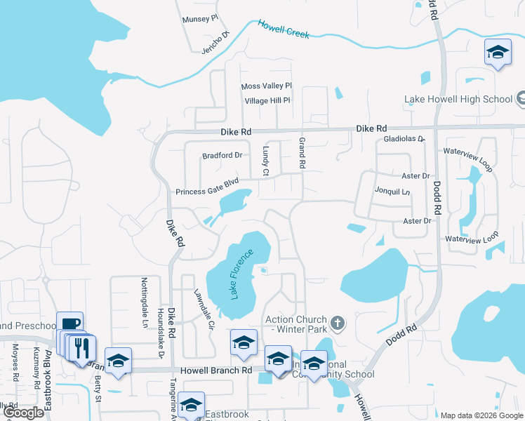 map of restaurants, bars, coffee shops, grocery stores, and more near 3318 Olde Wharf Run in Winter Park