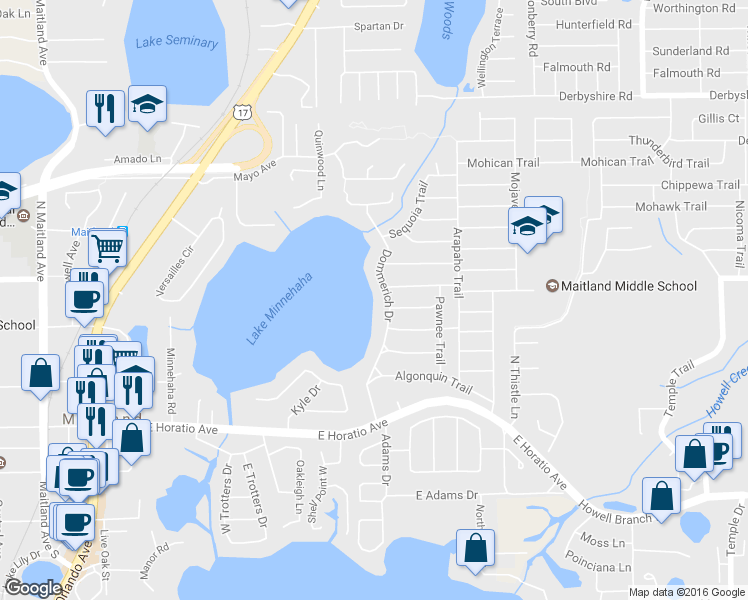 map of restaurants, bars, coffee shops, grocery stores, and more near 551 Dommerich Drive in Maitland