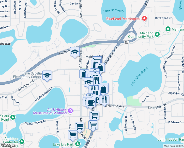 map of restaurants, bars, coffee shops, grocery stores, and more near 500 North Orlando Avenue in Winter Park