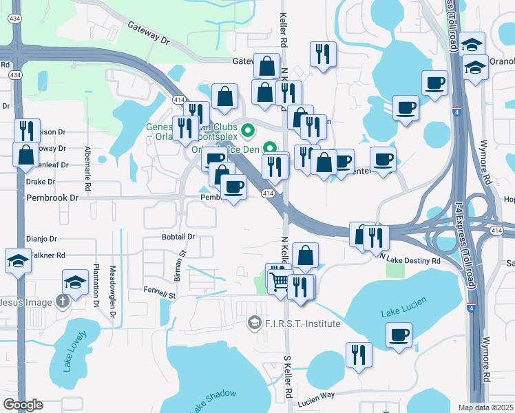 map of restaurants, bars, coffee shops, grocery stores, and more near 1760 Pembrook Drive in Orlando
