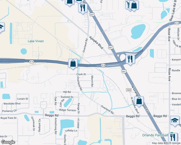 map of restaurants, bars, coffee shops, grocery stores, and more near 2889 Clark Street in Apopka