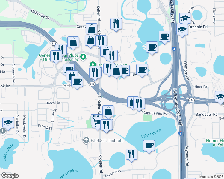 map of restaurants, bars, coffee shops, grocery stores, and more near 555 Winderley Place in Maitland