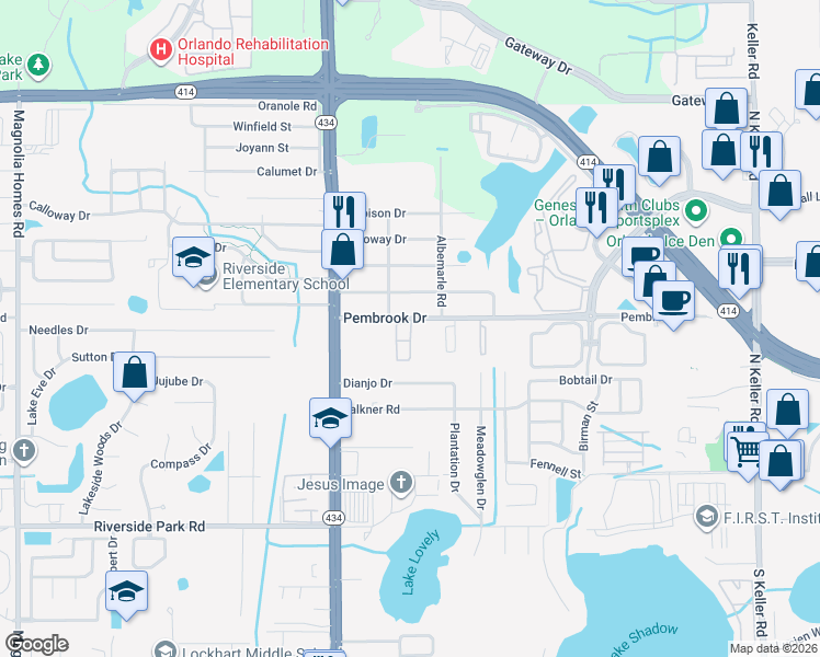 map of restaurants, bars, coffee shops, grocery stores, and more near 8254 Pembrook Villas Circle in Orlando