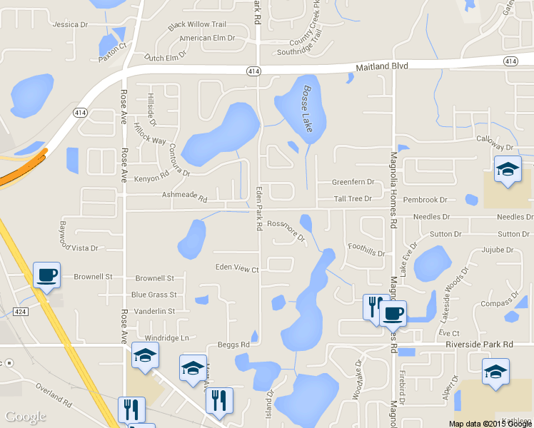 map of restaurants, bars, coffee shops, grocery stores, and more near 4529 Rossmore Drive in Orlando