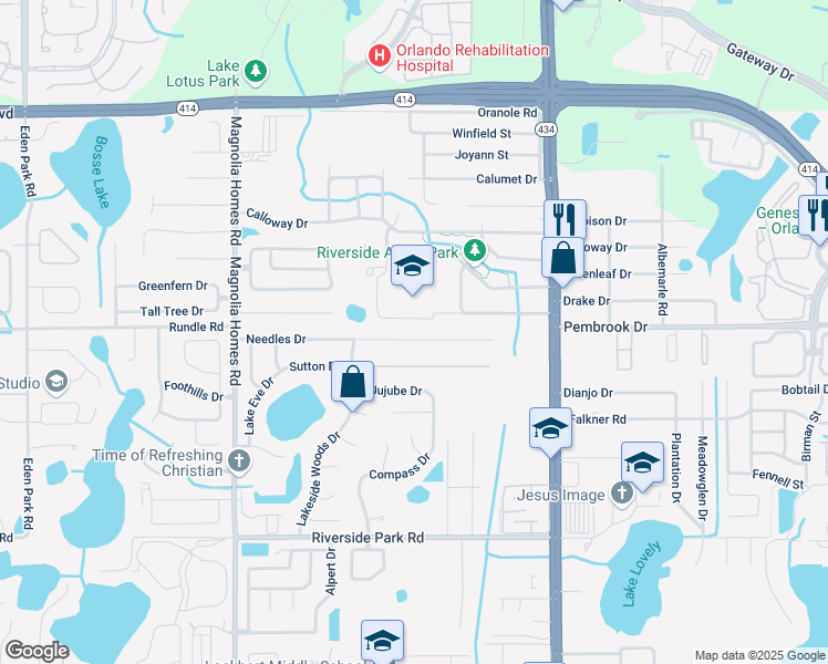 map of restaurants, bars, coffee shops, grocery stores, and more near 3214 Needles Drive in Orlando
