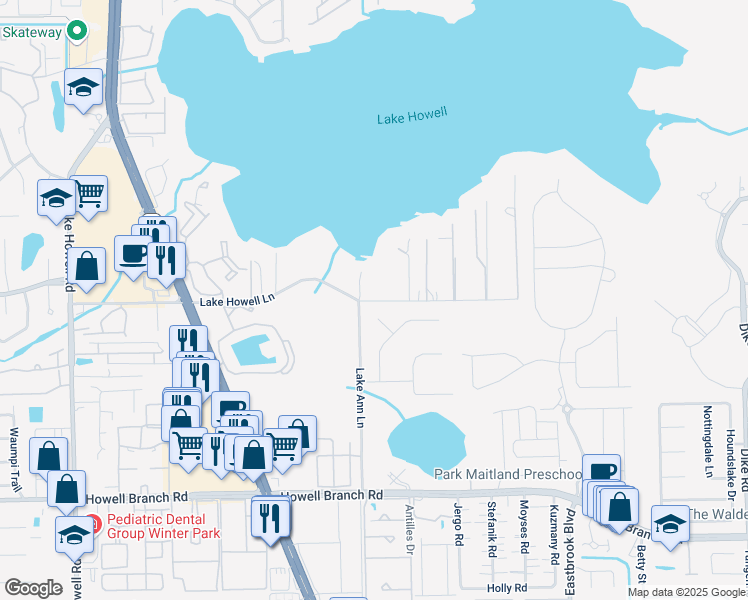 map of restaurants, bars, coffee shops, grocery stores, and more near 2726 Lake Howell Lane in Winter Park