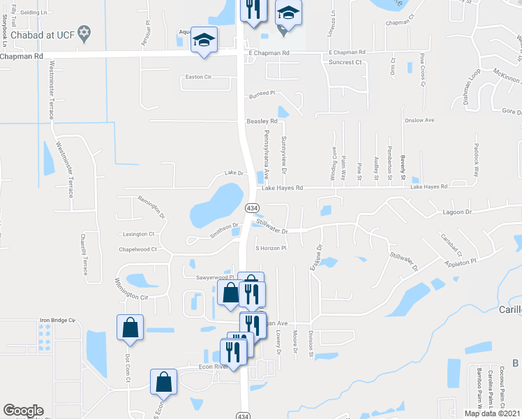 map of restaurants, bars, coffee shops, grocery stores, and more near 2730 North Horizon Place in Oviedo