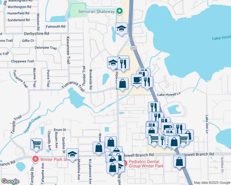 map of restaurants, bars, coffee shops, grocery stores, and more near 555 Lake Howell Road in Maitland