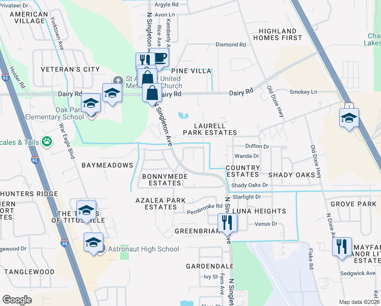 map of restaurants, bars, coffee shops, grocery stores, and more near 1230 Edward Court in Titusville