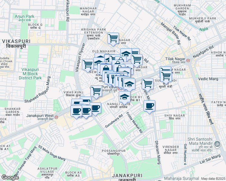 map of restaurants, bars, coffee shops, grocery stores, and more near 78 Najafgarh Road in New Delhi