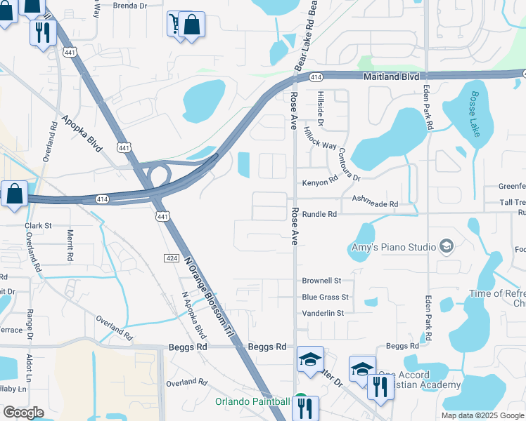 map of restaurants, bars, coffee shops, grocery stores, and more near 5572 Burlwood Drive in Orlando