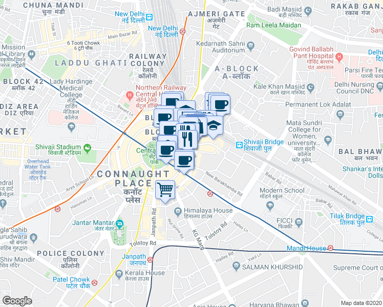 map of restaurants, bars, coffee shops, grocery stores, and more near 13 Rajiv Chowk in New Delhi