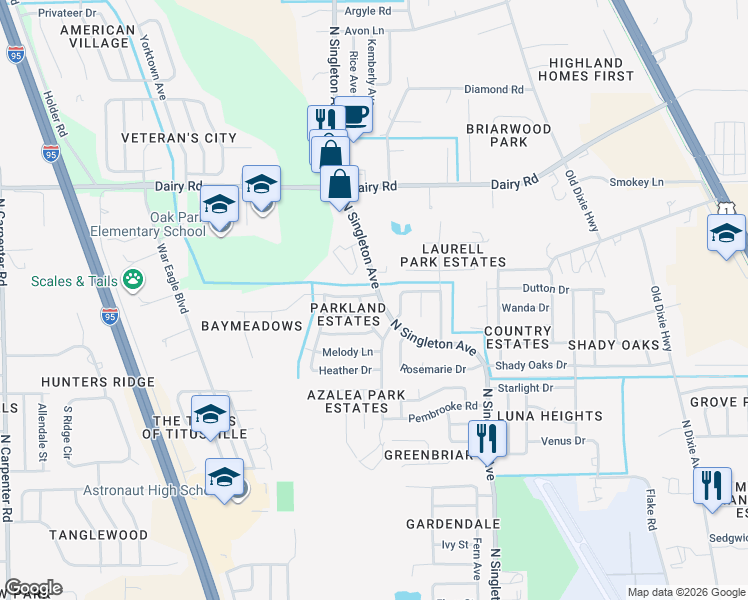 map of restaurants, bars, coffee shops, grocery stores, and more near 1275 North Singleton Avenue in Titusville