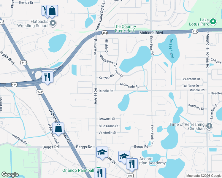 map of restaurants, bars, coffee shops, grocery stores, and more near 5302 Ashmeade Road in Orlando