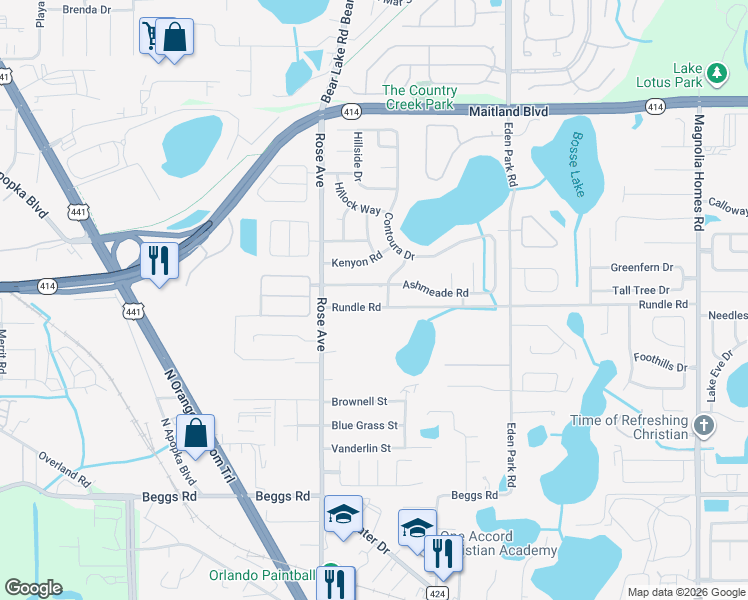 map of restaurants, bars, coffee shops, grocery stores, and more near 5302 Ashmeade Road in Orlando