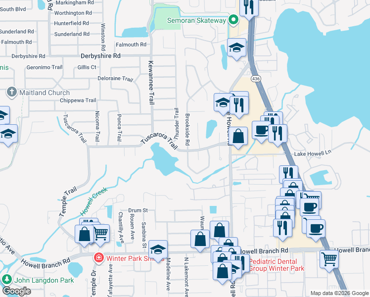 map of restaurants, bars, coffee shops, grocery stores, and more near 607 Thunder Trail in Maitland