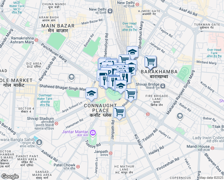 map of restaurants, bars, coffee shops, grocery stores, and more near 13 Rajiv Chowk in New Delhi