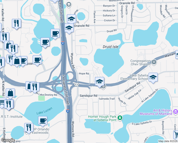 map of restaurants, bars, coffee shops, grocery stores, and more near 1417 Caring Court in Maitland