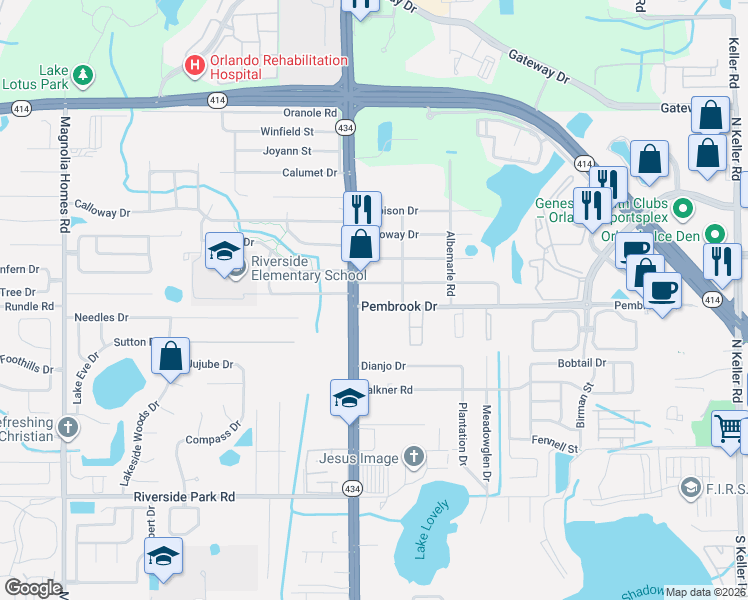 map of restaurants, bars, coffee shops, grocery stores, and more near 2702 Drake Drive in Orlando