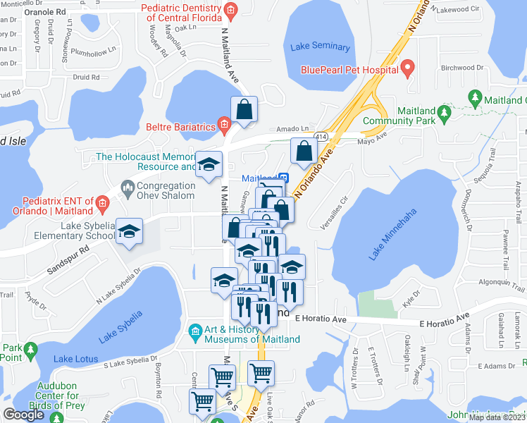 map of restaurants, bars, coffee shops, grocery stores, and more near 750 Robinhood Drive in Maitland