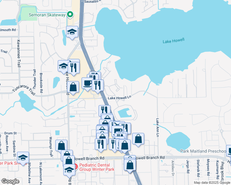 map of restaurants, bars, coffee shops, grocery stores, and more near 2441 Lake Vista Court in Casselberry