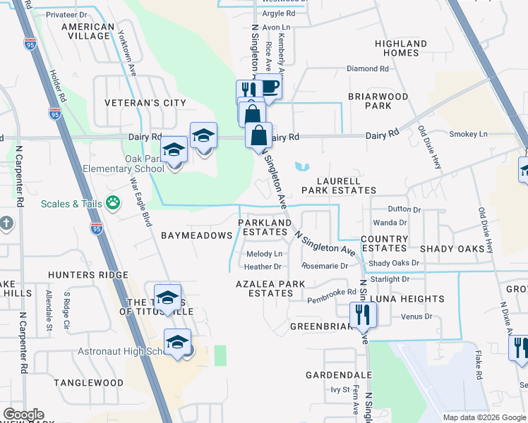 map of restaurants, bars, coffee shops, grocery stores, and more near 3300 Parkland Street in Titusville