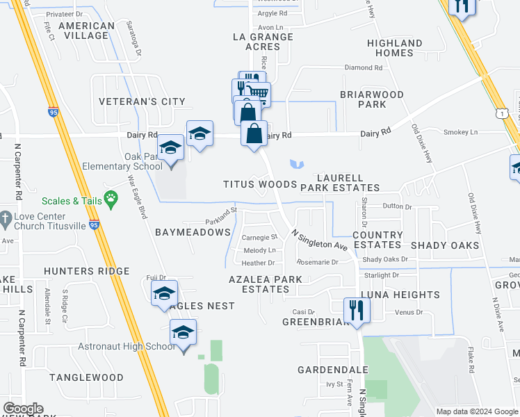 map of restaurants, bars, coffee shops, grocery stores, and more near 3300 Parkland Street in Titusville