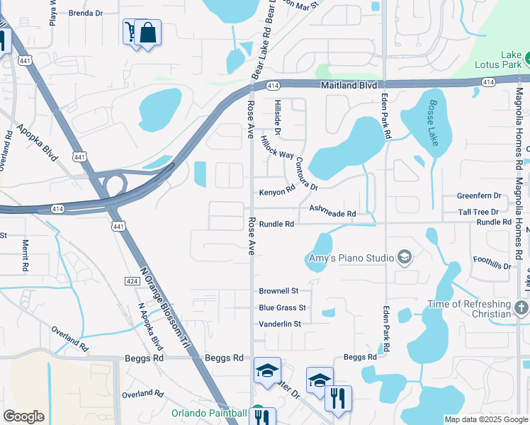 map of restaurants, bars, coffee shops, grocery stores, and more near 5407 Ashmeade Road in Orlando