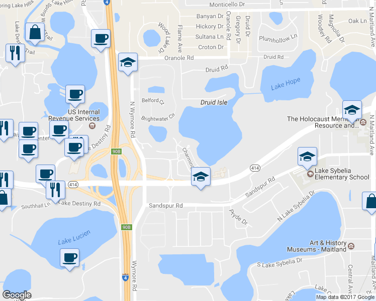 map of restaurants, bars, coffee shops, grocery stores, and more near 1186 Charming Street in Maitland