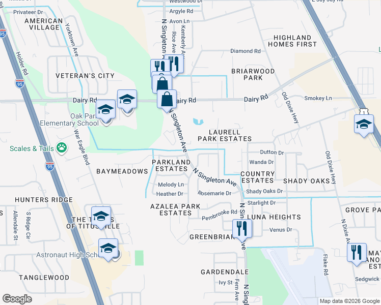 map of restaurants, bars, coffee shops, grocery stores, and more near 1275 North Singleton Avenue in Titusville