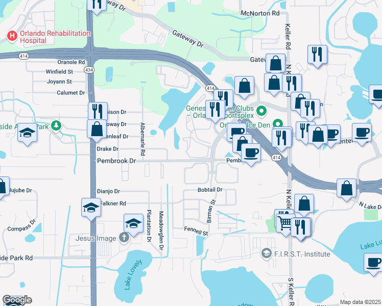 map of restaurants, bars, coffee shops, grocery stores, and more near 8505 Milano Drive in Orlando