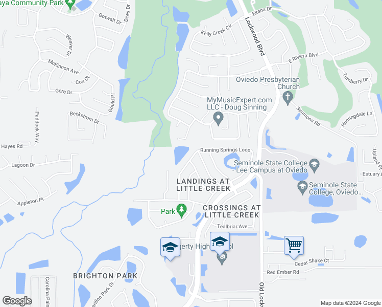 map of restaurants, bars, coffee shops, grocery stores, and more near 2704 Running Springs Loop in Oviedo