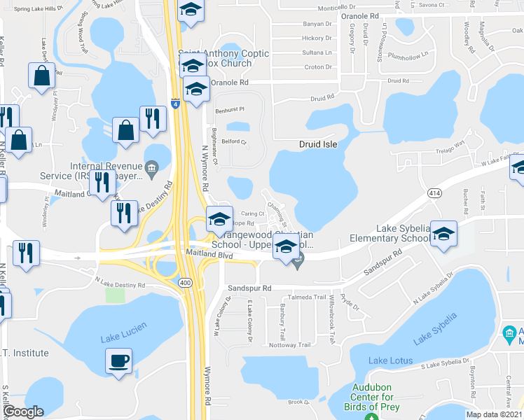 map of restaurants, bars, coffee shops, grocery stores, and more near 1404 Caring Court in Maitland