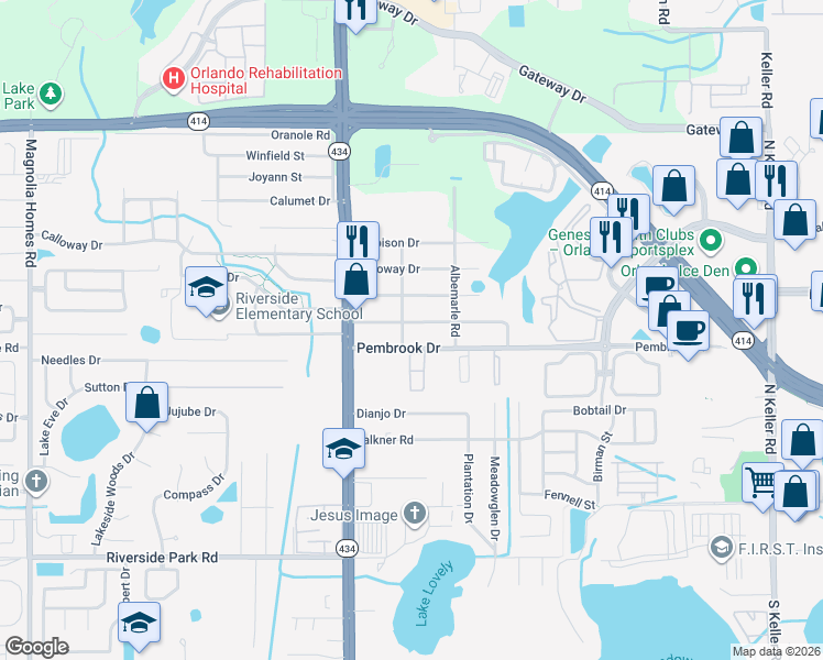 map of restaurants, bars, coffee shops, grocery stores, and more near 2514 Drake Drive in Orlando