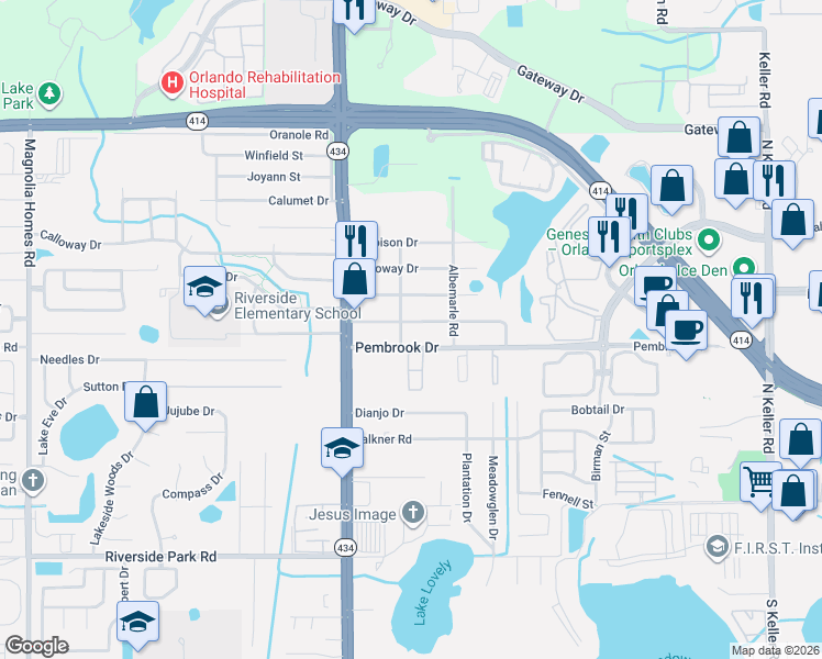 map of restaurants, bars, coffee shops, grocery stores, and more near 2514 Drake Drive in Orlando