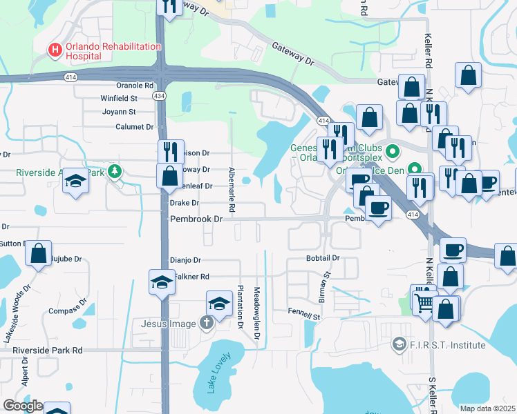 map of restaurants, bars, coffee shops, grocery stores, and more near 2206 Drake Drive in Orlando