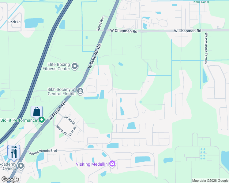 map of restaurants, bars, coffee shops, grocery stores, and more near 5660 Bear Stone Run in Oviedo