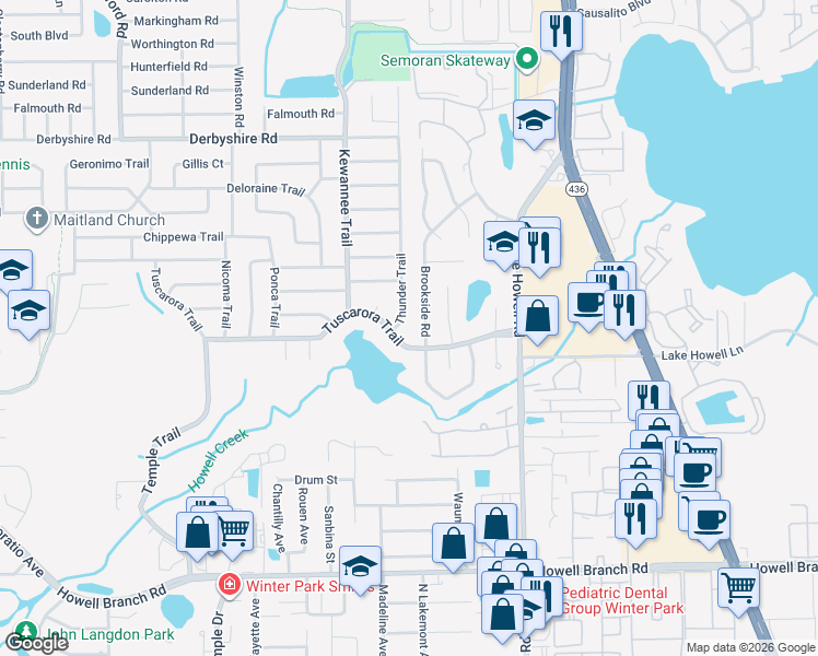 map of restaurants, bars, coffee shops, grocery stores, and more near 607 Thunder Trail in Maitland