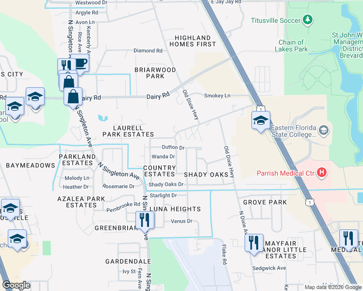 map of restaurants, bars, coffee shops, grocery stores, and more near 2740 Dutton Drive in Titusville
