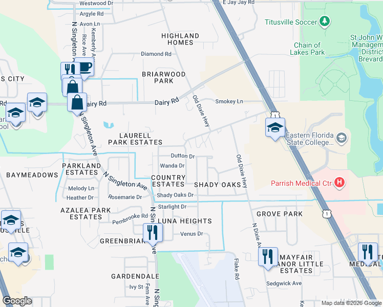 map of restaurants, bars, coffee shops, grocery stores, and more near 2740 Dutton Drive in Titusville